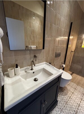 Shower, hair dryer, towels, toilet paper
