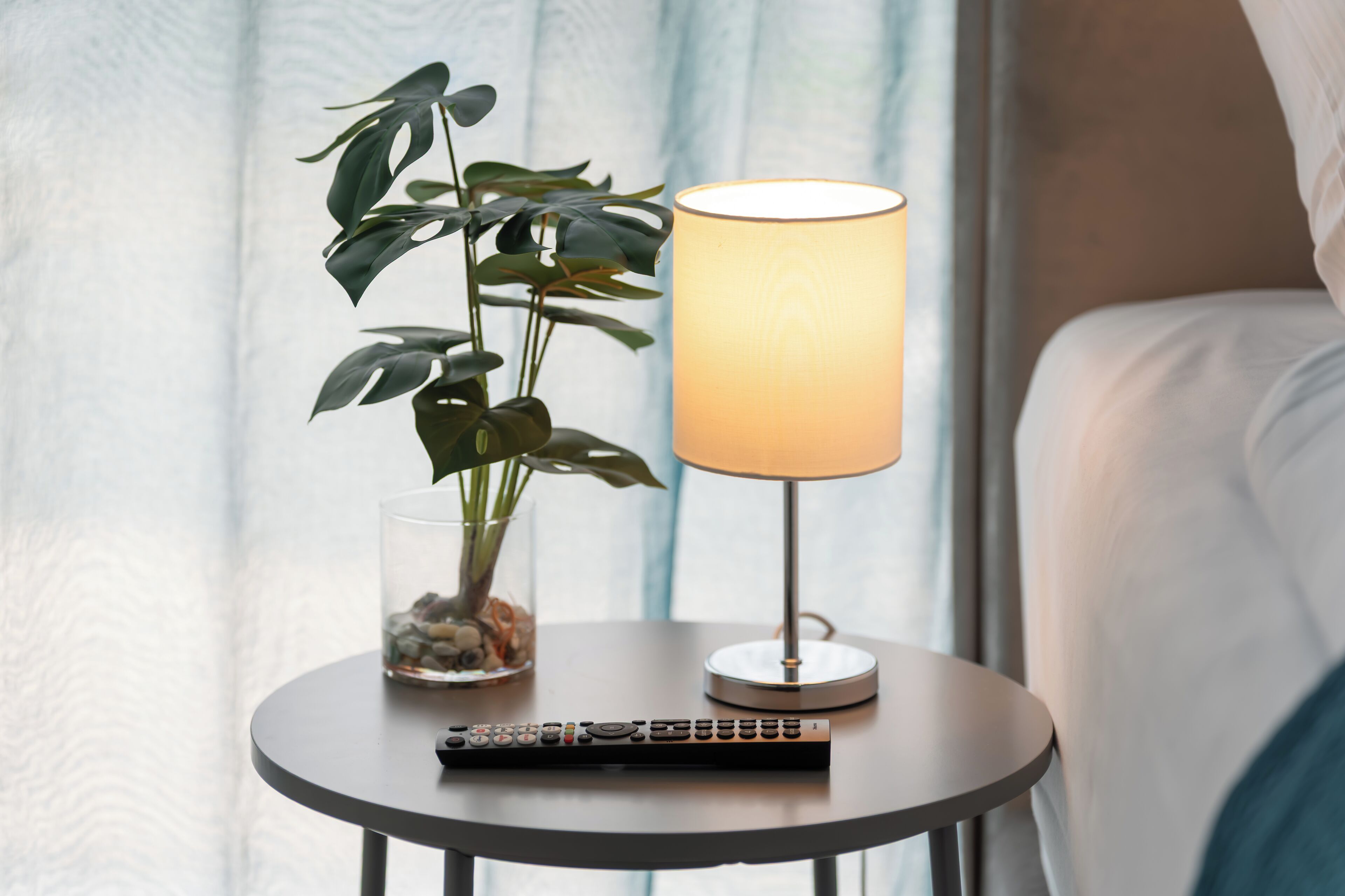 A bedside table with a remote control, a lamp, and a potted plant with a glass container of rocks.