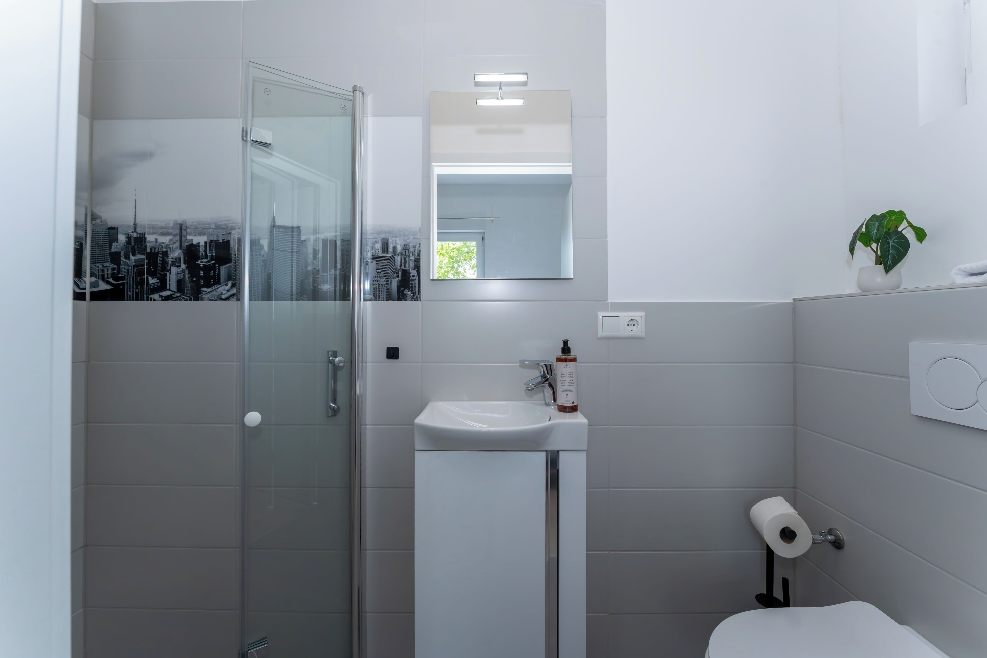 A modern bathroom with a glass shower enclosure, a white sink, and a toilet.