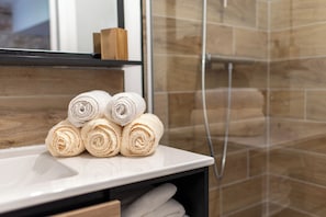 Dusche, Haartrockner, Handtücher, Toilettenpapier