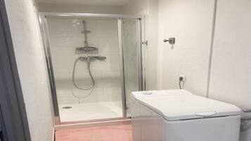 Shower, towels, toilet paper