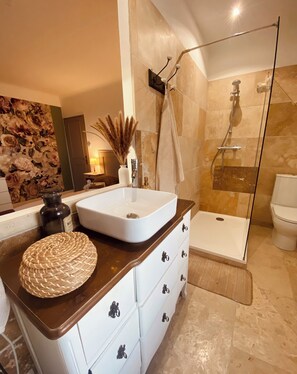 Hair dryer, towels, soap, toilet paper