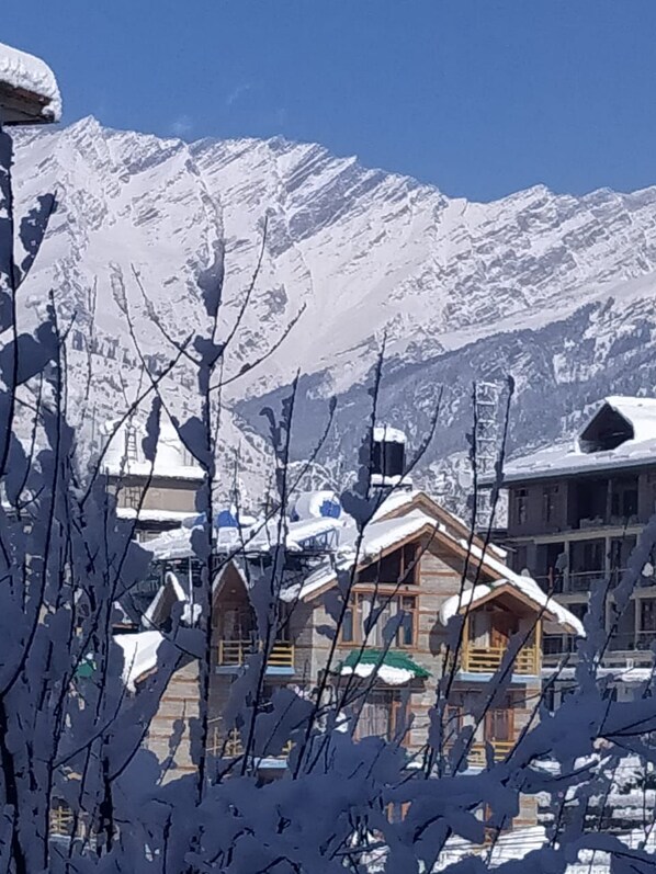 Une montagne enneigée, avec un chalet en bois et un bâtiment doté d’un toit vert, visibles au premier plan.