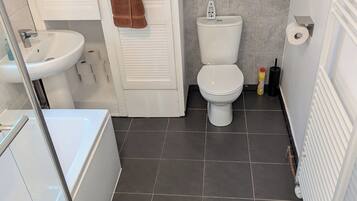 Hair dryer, towels, soap, toilet paper