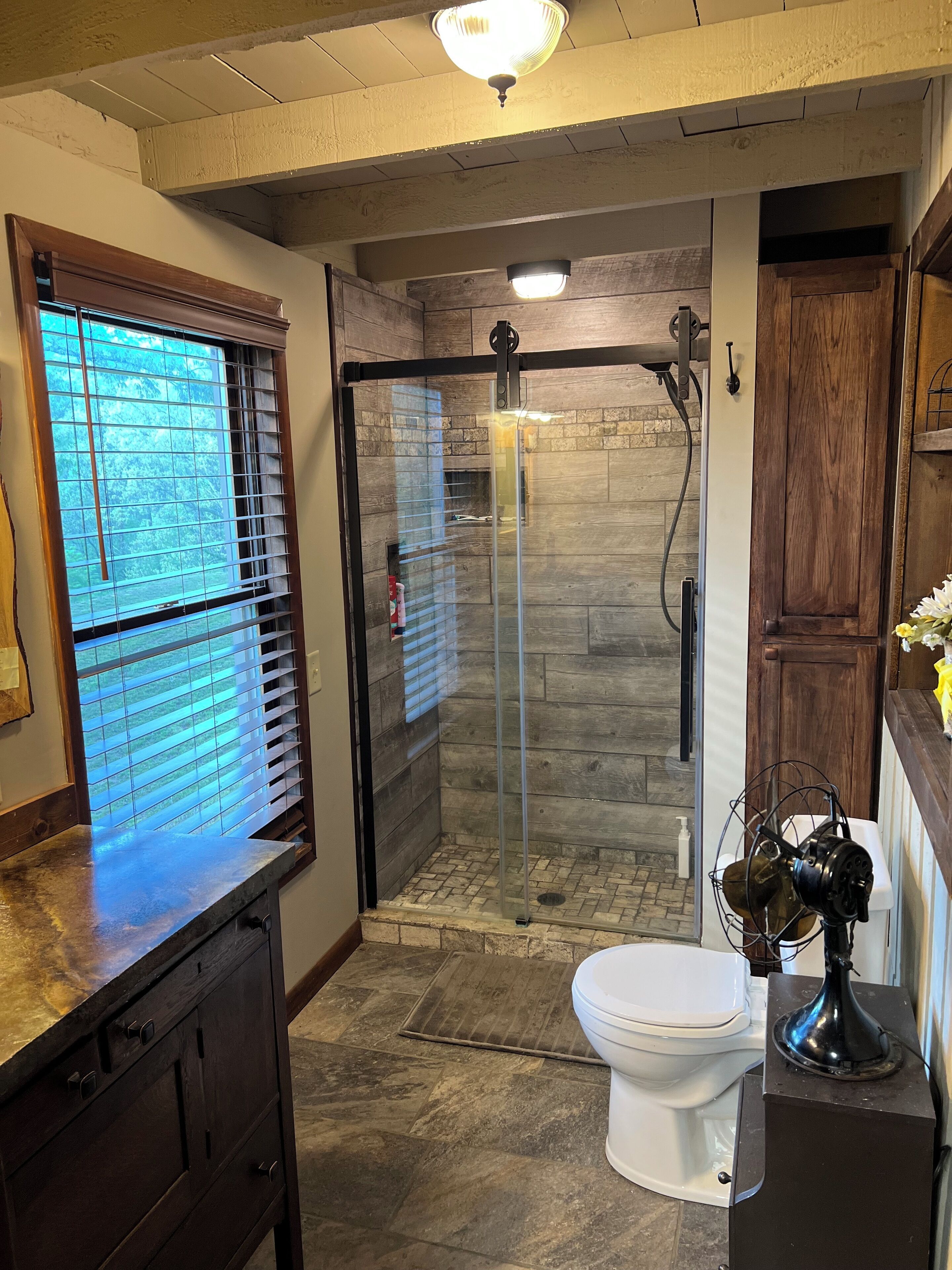 Shower, hair dryer, towels, toilet paper