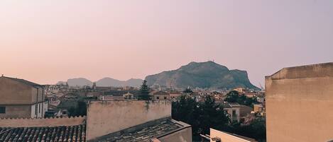 A rooftop with terracotta tiles, a view of a cityscape with buildings and a mountain in the distance.