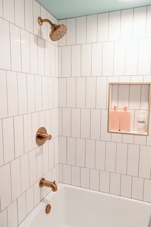 Hair dryer, towels, soap, shampoo
