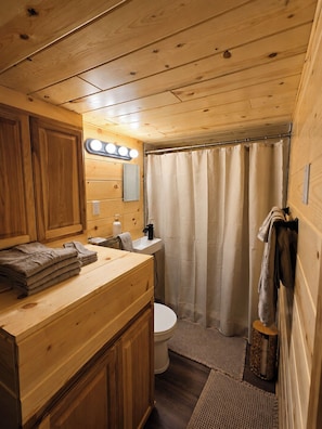 Douche, séchoir à cheveux, serviettes fournies, savon