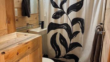 Regadera, secadora de cabello, toallas, jabón