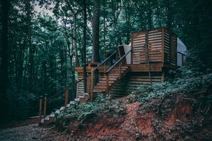 A wooden staircase leading to a cabin in a forested area.