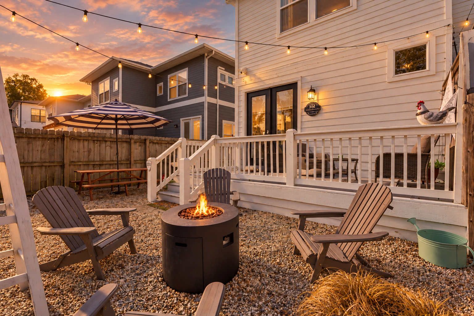 Un patio exterior con un brasero, asientos e iluminación con guirnaldas.