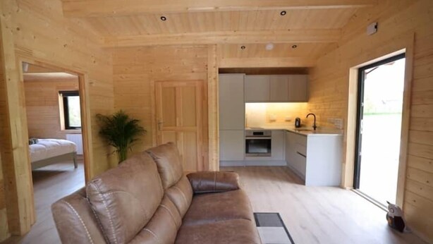 A compact living space with a sofa, kitchenette, and a bed in the background.