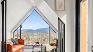 A modern interior with a large skylight, a sofa, a chair, and a small table with a plant. - Modern A-Frame w/ Hot Tub, Sauna & Stunning Views (Stanley)