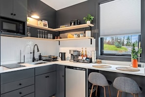 Fridge, microwave, stovetop, coffee/tea maker