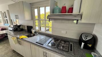 Fridge, oven, stovetop, coffee/tea maker