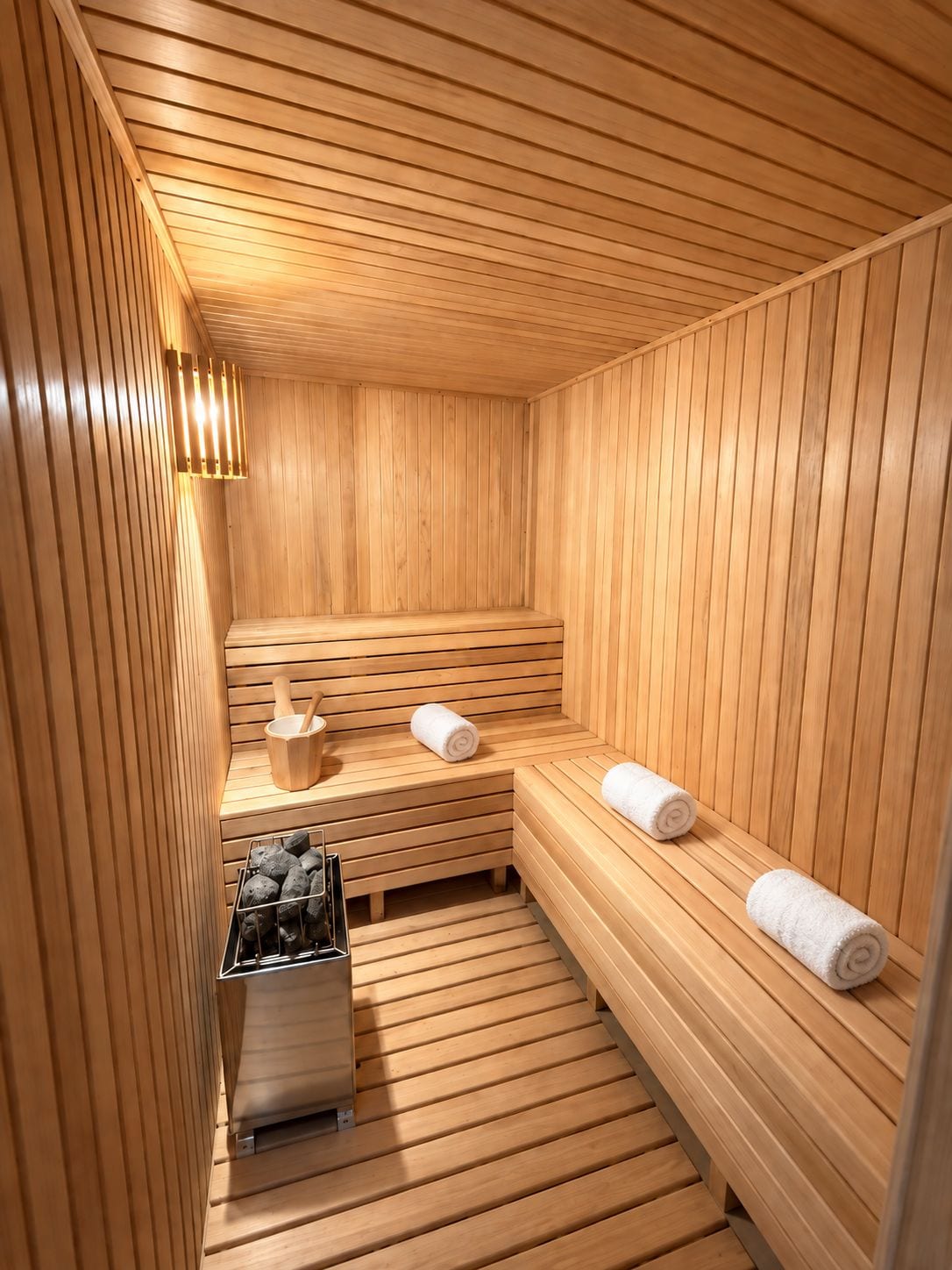 A sauna with wooden benches, a bench heater, and a bucket with a wooden scoop.