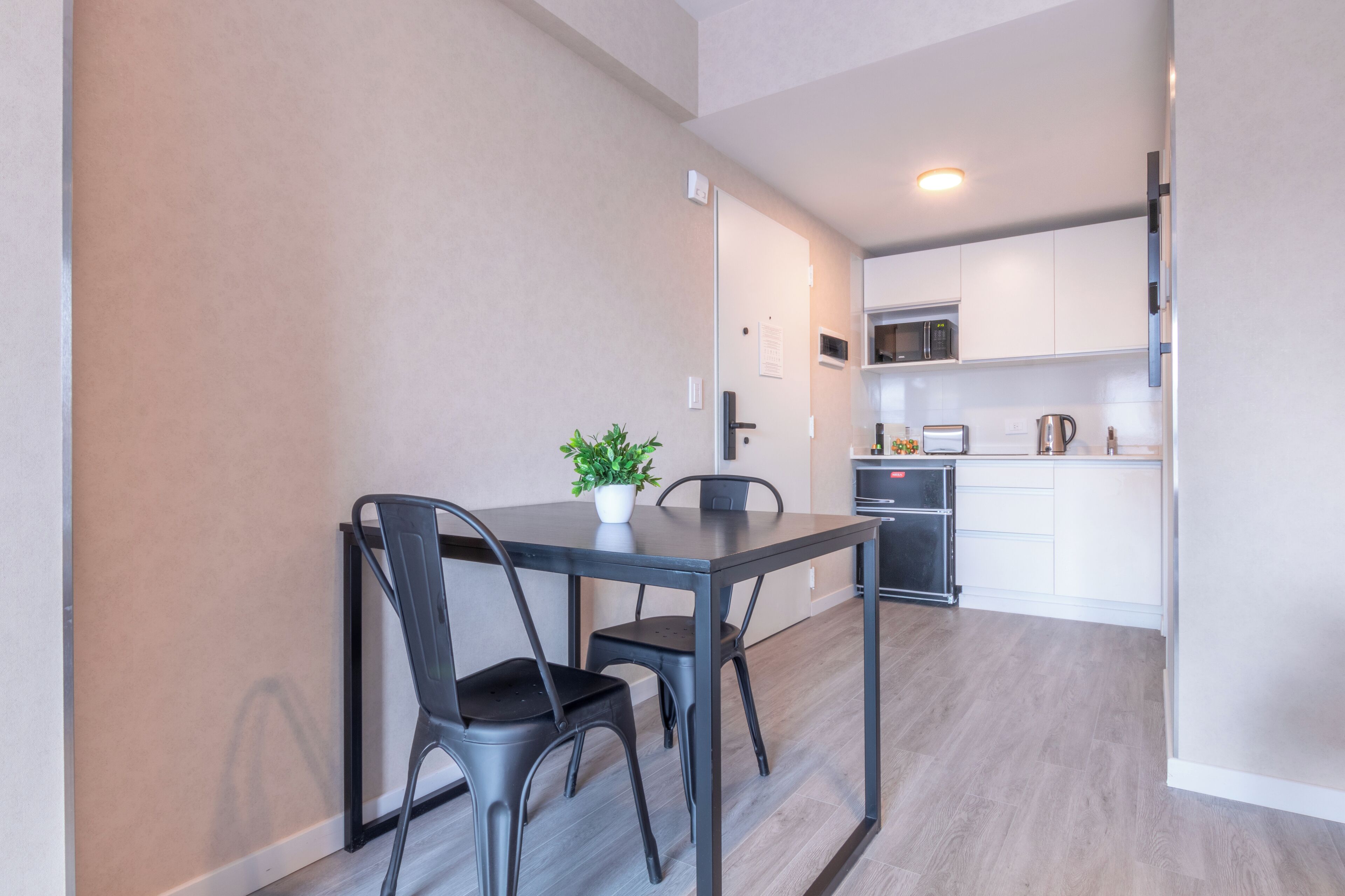 A compact kitchen with modern appliances, a dining area with a table and chairs, and a potted plant.