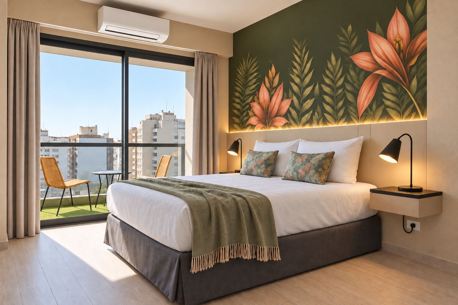 Ein Hotelzimmer mit einem großen Bett, einem Balkon mit Blick auf die Stadt und einer Wand mit floralem Wandbild.