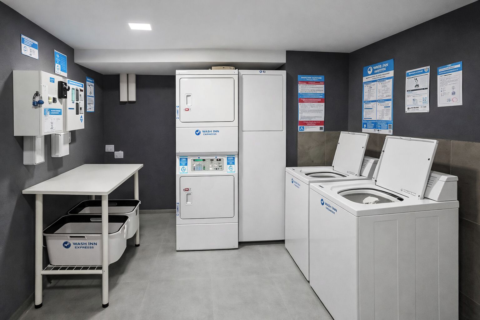 A laundry facility with a table, washing machines, dryers, and informational posters on the walls.