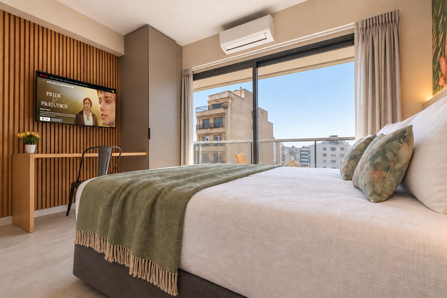 Une chambre d’hôtel moderne dotée d’un grand lit, d’un téléviseur fixé au mur, d’un balcon offrant une vue sur la ville et d’une fenêtre avec des rideaux.
