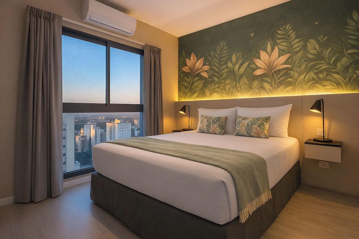 A hotel room with a large bed, a city view, a wall mural, and a modern design.