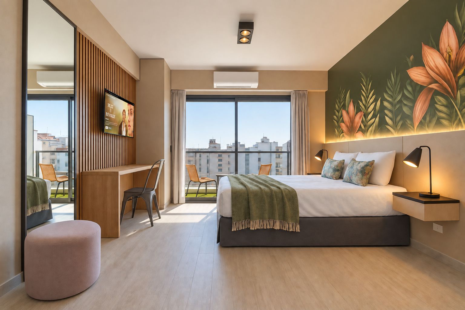 Ett modernt hotellrum med en stor säng, ett skrivbord och en balkong med utsikt över staden.