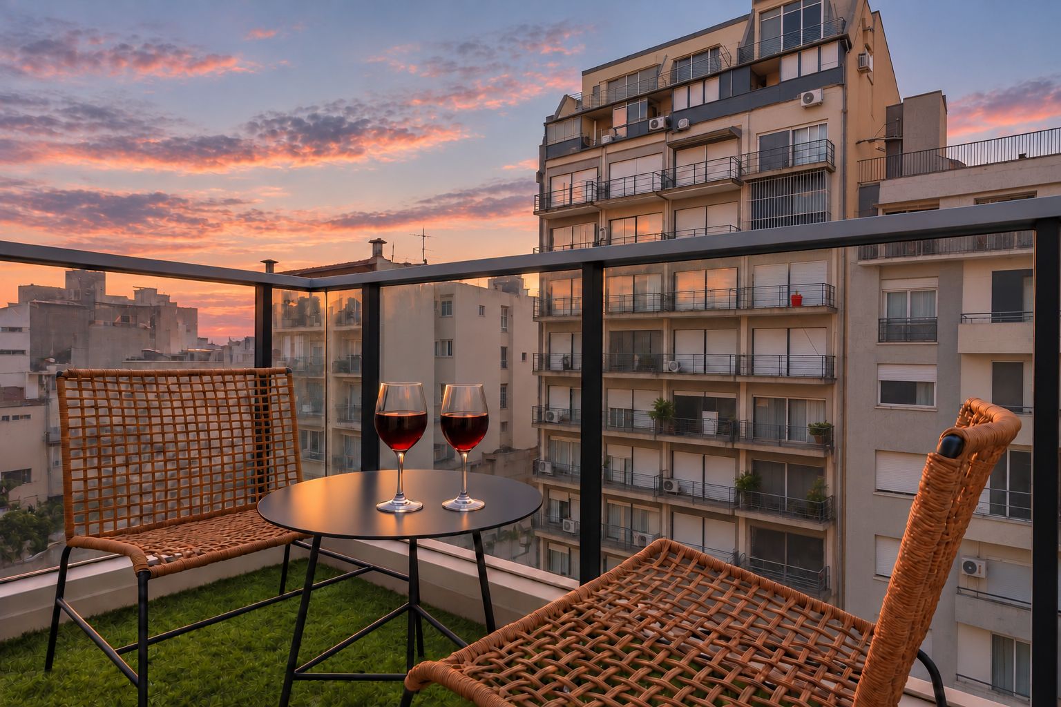 Un balcone con sedie in vimini e un tavolo, due bicchieri di vino rosso, e vista su un edificio a più piani al tramonto.