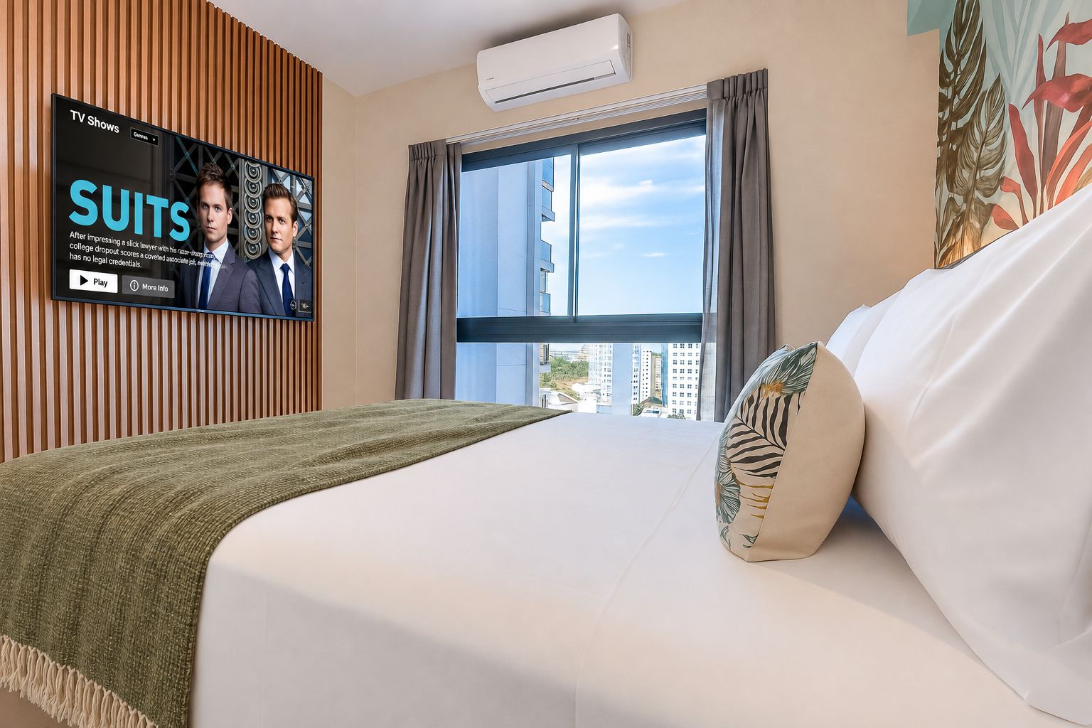 Una habitación de hotel con una cama, una pantalla de televisión mostrando el programa 'SUITS' y vistas de edificios a través de la ventana.