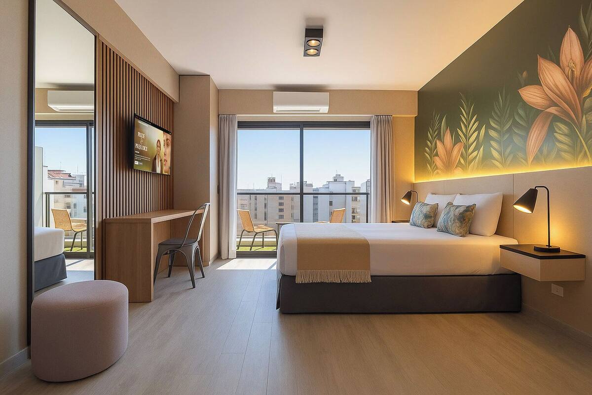 A modern hotel room with a large bed, a desk, and a view of the city.