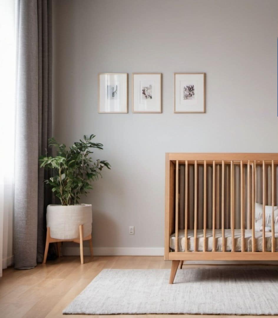 A nursery with a wooden crib, a potted plant, and framed artwork on the wall.