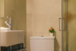 Dusche, Haartrockner, Handtücher, Seife