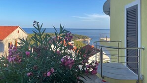 Ein Balkon mit Meerblick, eine Satellitenschüssel und ein Gebäude mit rotem Dach.