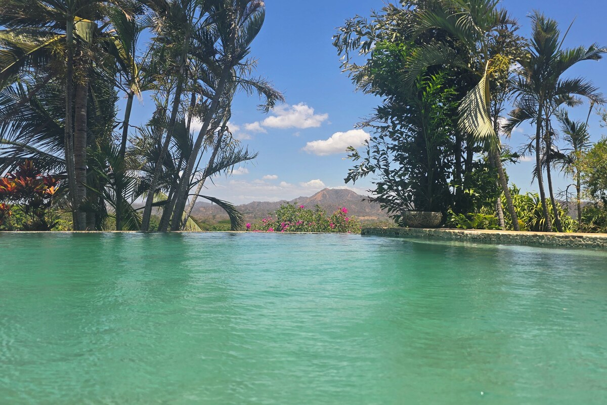 A clear pool surrounded by tropical vegetation and mountains in the background.