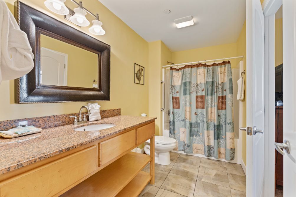 A bathroom with a granite countertop sink, a large mirror, a toilet, and a shower curtain with a floral pattern.