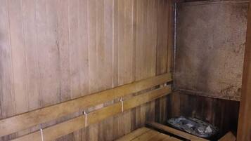 A wooden sauna with benches and a bench seat.