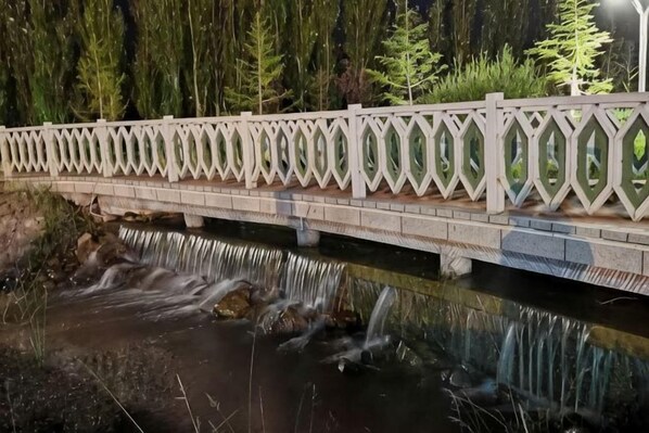 Un pont enjambant une rivière, agrémenté d’une balustrade décorative.
