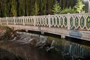 Un puente con barandilla decorativa sobre un arroyo.