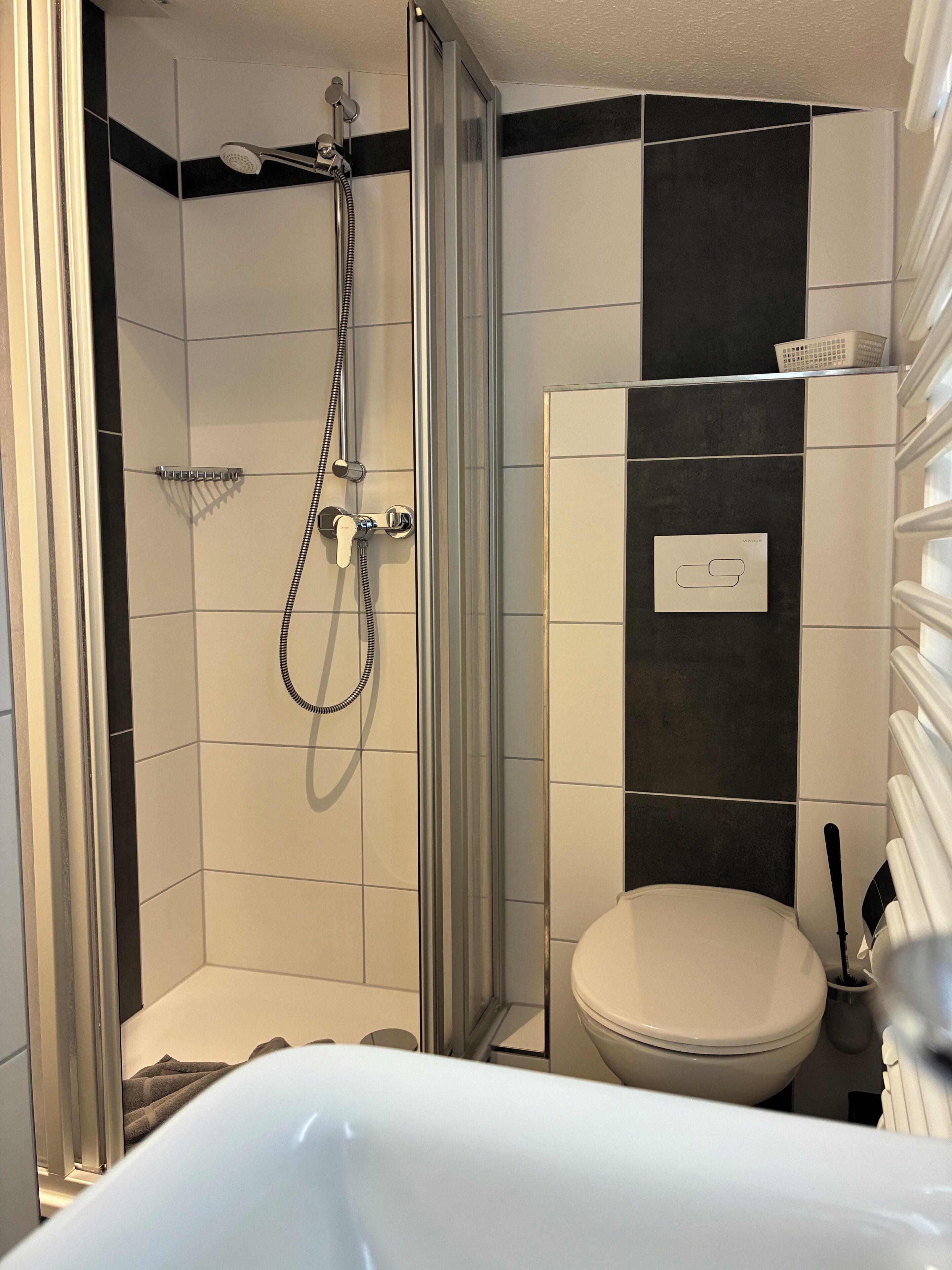 A modern bathroom with a shower, toilet, and a towel rack.