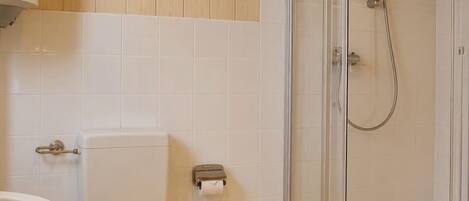 A bathroom with a toilet, sink, and shower.