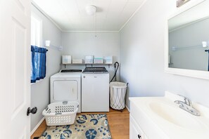 Hair dryer, bidet, towels, soap