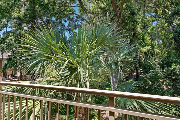A balcony with a railing overlooking a garden with various plants and trees. - Relaxed Sea Pines Escape with Balcony, Patio and Easy Beach Access (Hilton Head Island)