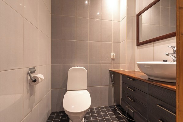 Un baño con inodoro, lavamanos y espejo.