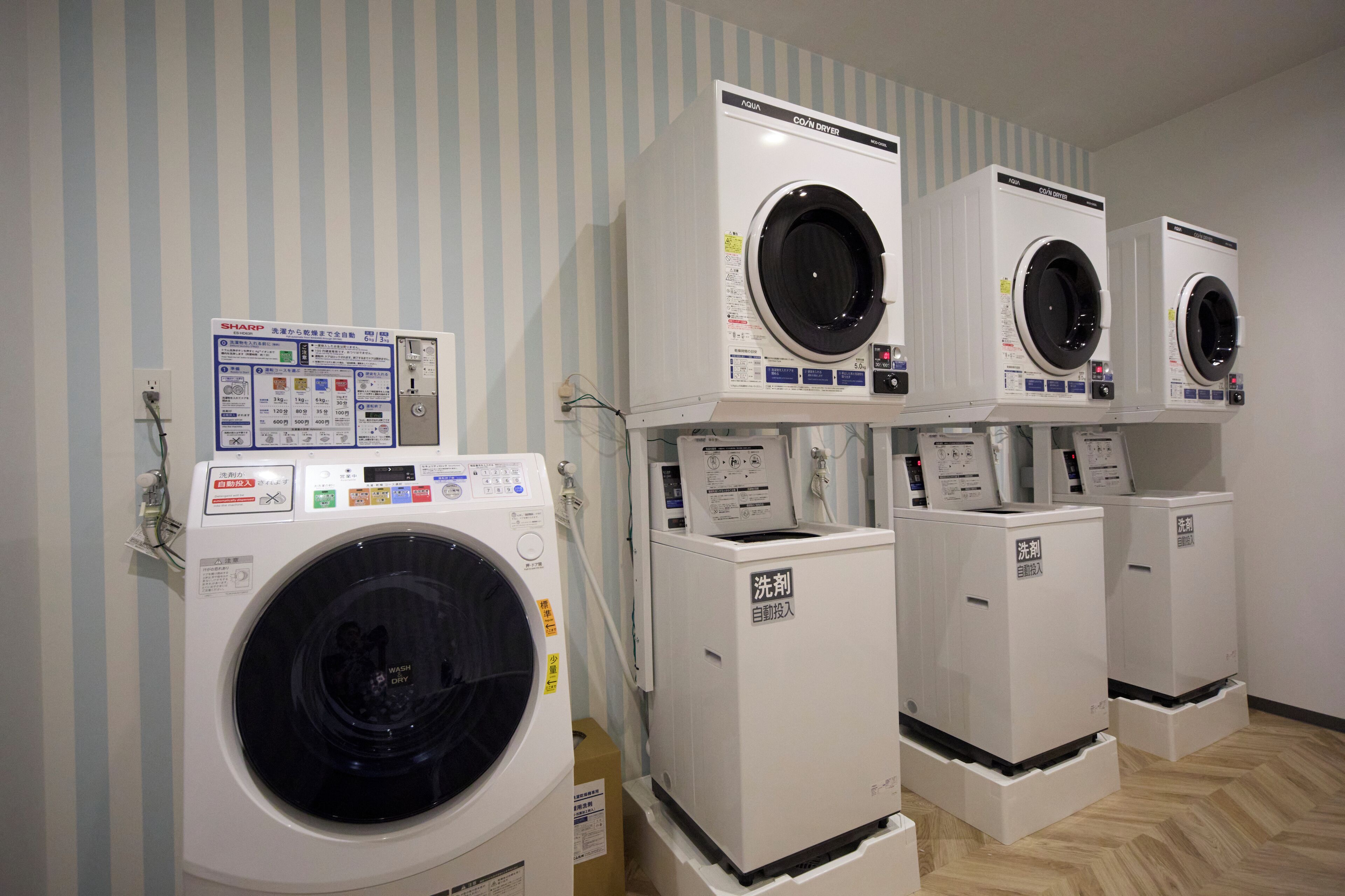 A row of front-loading washing machines in a commercial setting.