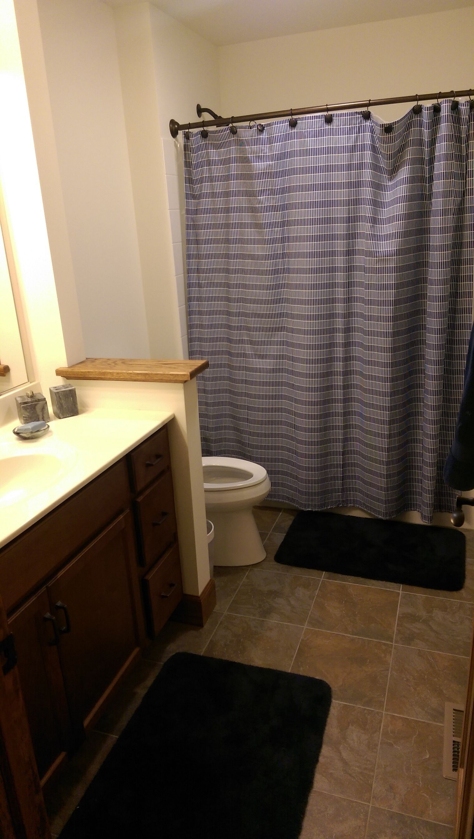 A bathroom with a toilet, a sink, a mirror, and a shower curtain.