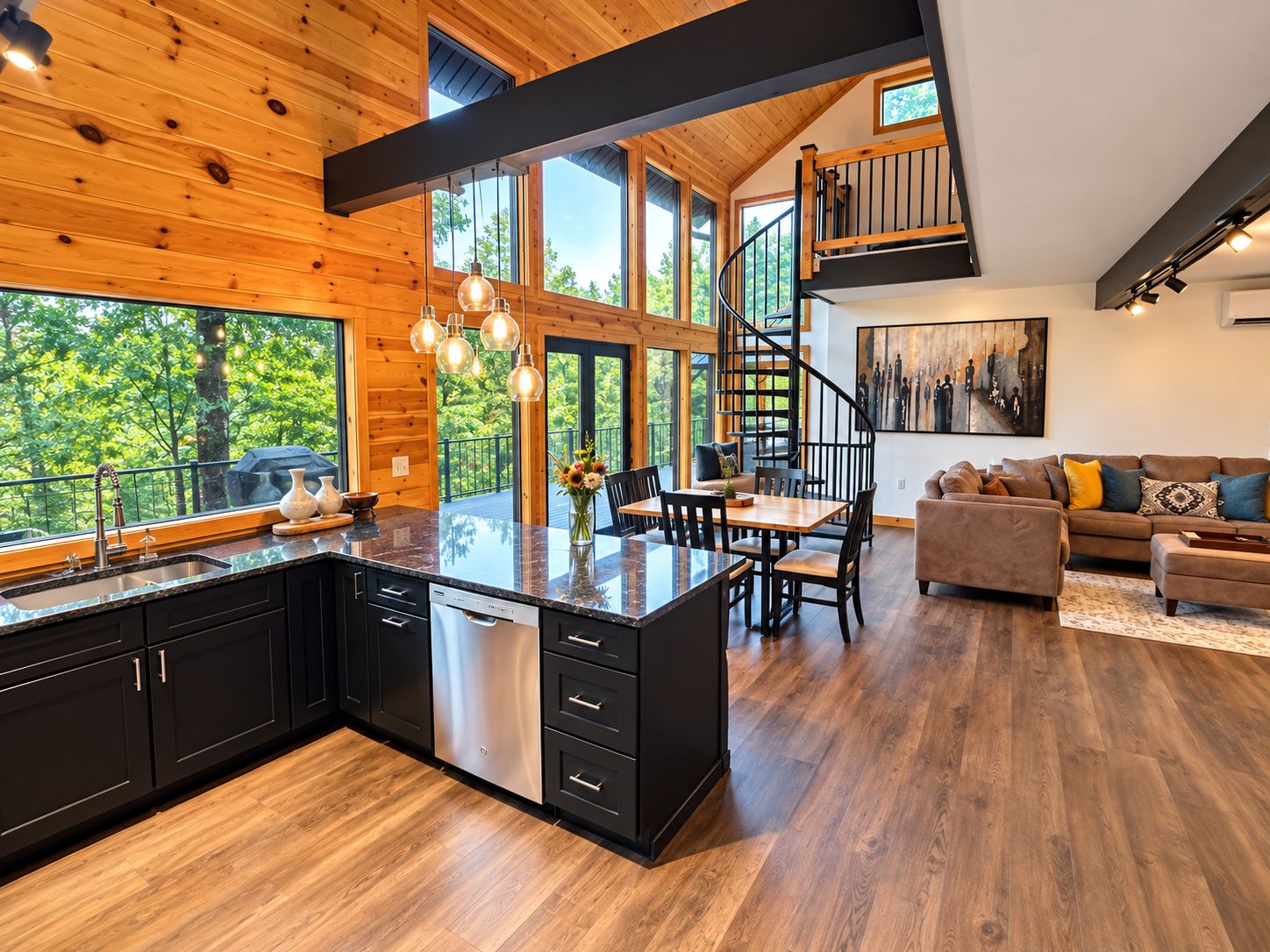 Una cocina moderna con una isla central, muebles negros y una zona de comedor con mesa y sillas de madera.