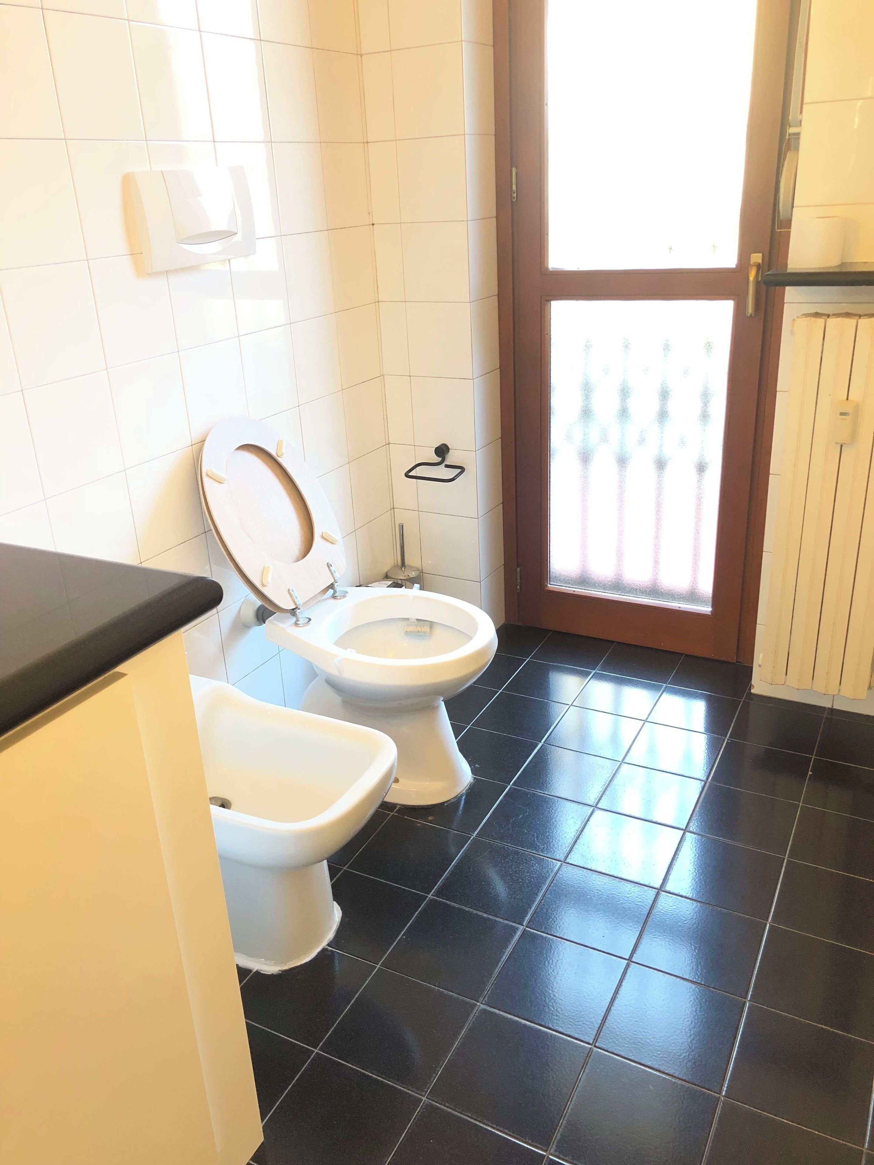 Ein Badezimmer mit zwei Toiletten, einem Waschbecken und einem Fenster mit Blick auf Bäume.