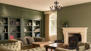 Een gezellige woonkamer met een open haard, groene wanden en een boekenkast vol boeken.