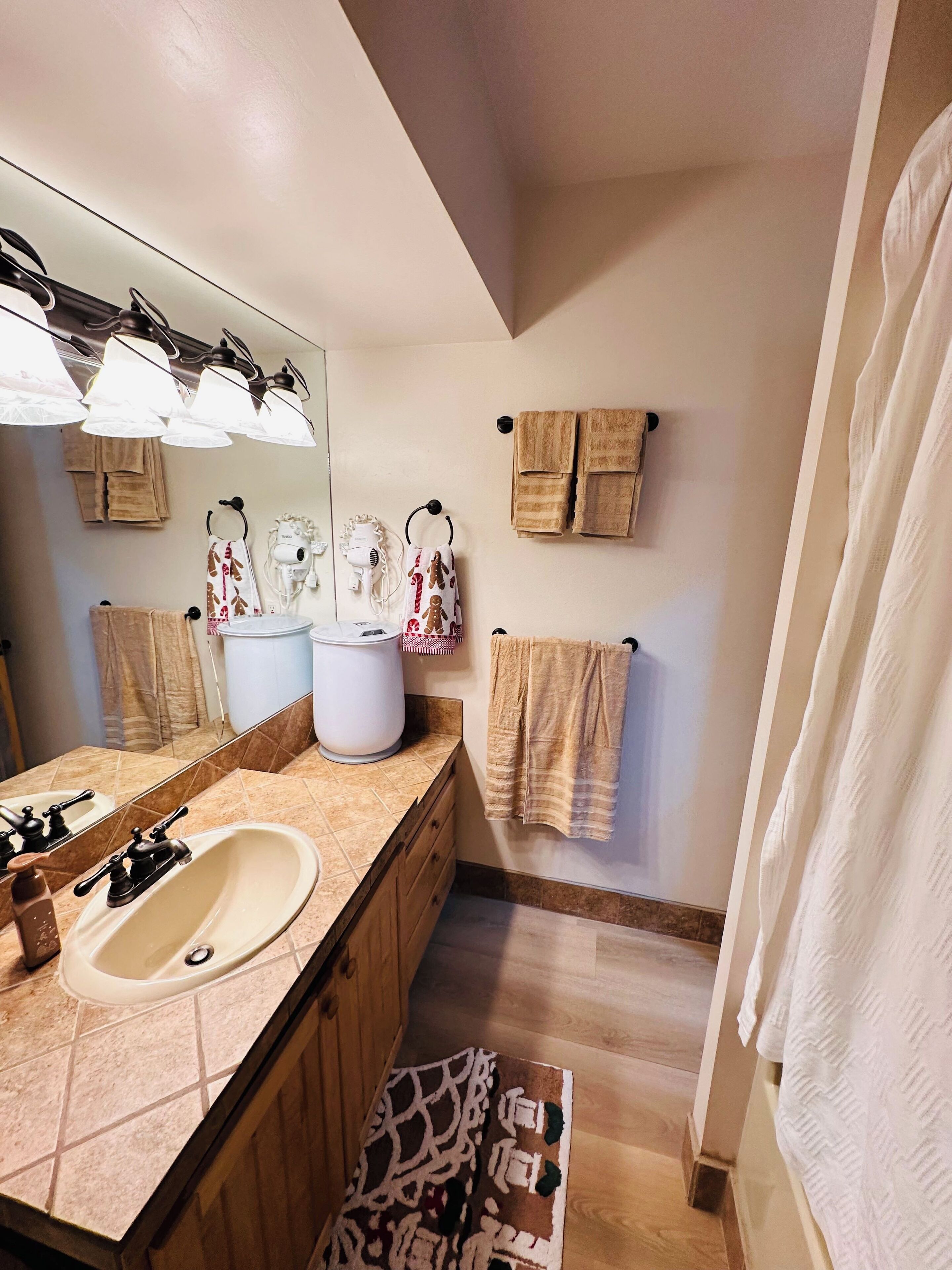 A bathroom with a sink, mirror, towel racks, and a shower curtain.