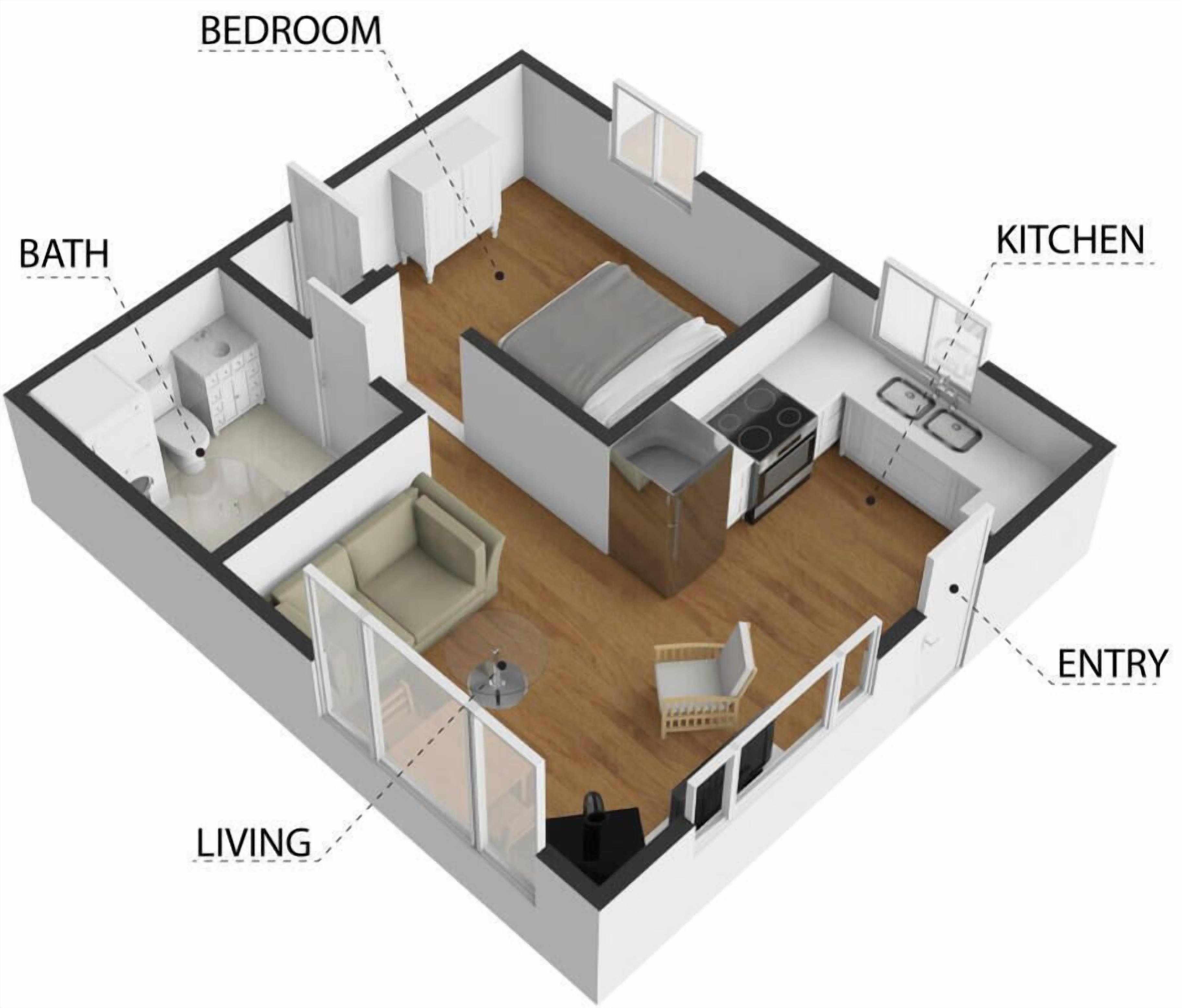 Ein 3D-Grundriss einer Wohnung mit beschrifteten Räumen: Schlafzimmer, Badezimmer, Küche, Wohnzimmer und Eingangsbereich.