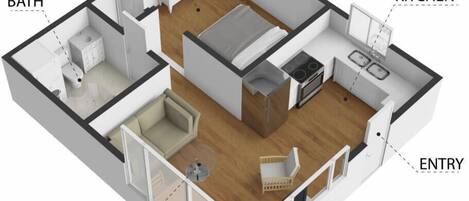 Ein 3D-Grundriss einer Wohnung mit beschrifteten Räumen: Schlafzimmer, Badezimmer, Küche, Wohnzimmer und Eingangsbereich.